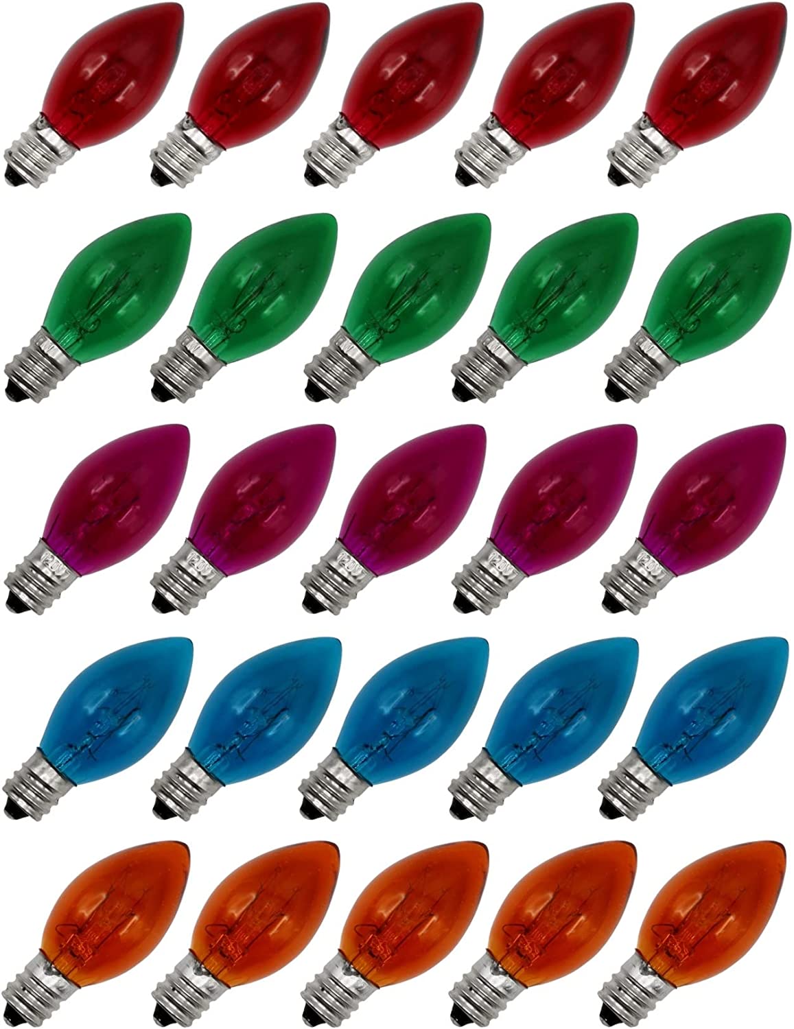 25 Pack C7 LED Transparent Multicolor Replacement Light Bulbs for Christmas Light Strings, 0.7W LED Vintage Light Bulbs for C7 Outdoor String Lights, Candle Lamps, Night Lights, E12 Candelabra Base