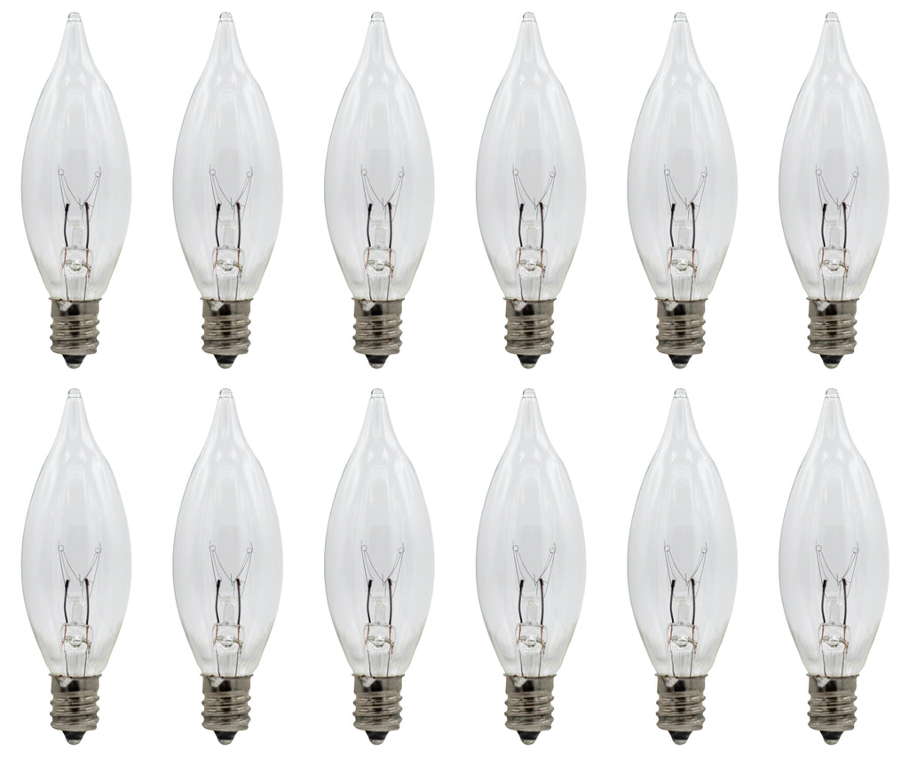 Replacement Light Bulbs for Electric Candle Lamps, Flame Tip Bulbs For Window Candles, Chandeliers - 7 Watt - 120 volt - E12 Candelabra, Clear, Steady Burning bulb - Pack of 12